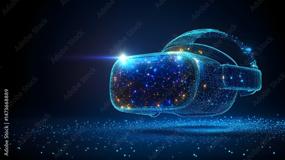 Leinwandbilder futuristic vr headset with a glowing wireframe and starfield display. digital dots create a technolo