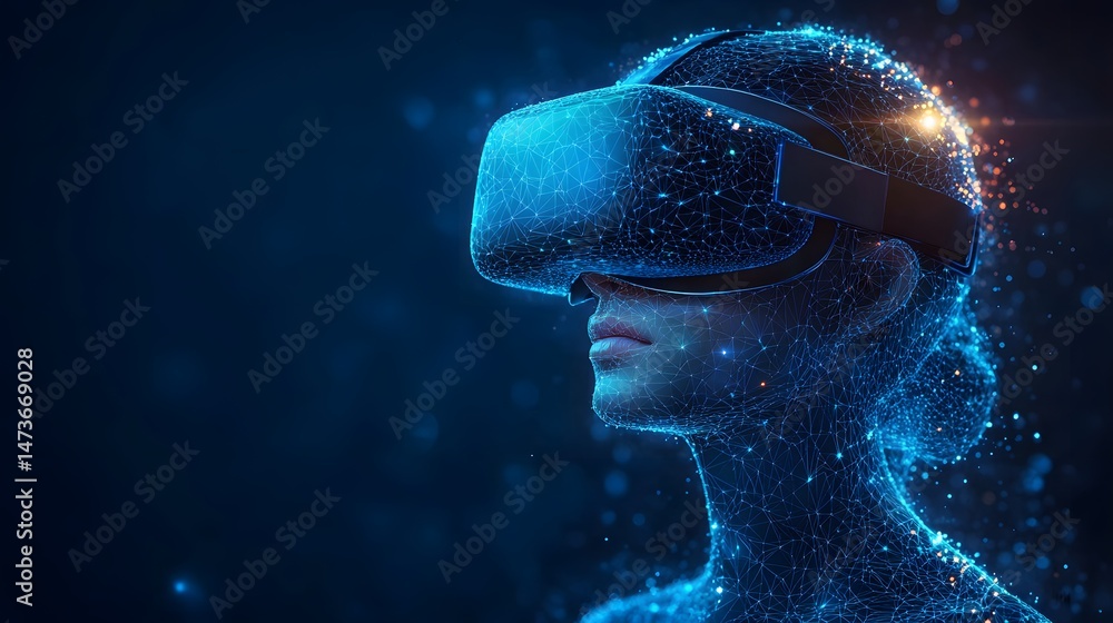 Poster immerse yourself in a digital world! a person explores virtual reality, their form rendered as a glo