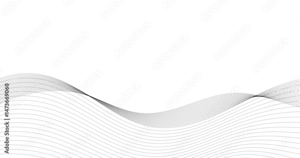 Poster horizon black parallel sound wave lines of particles on white empty background