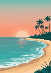 Fototapeta premium Pixel Art Tropical Sunset Beach Scene