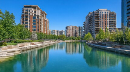 Fototapeta premium Modern residential complex, tranquil canal