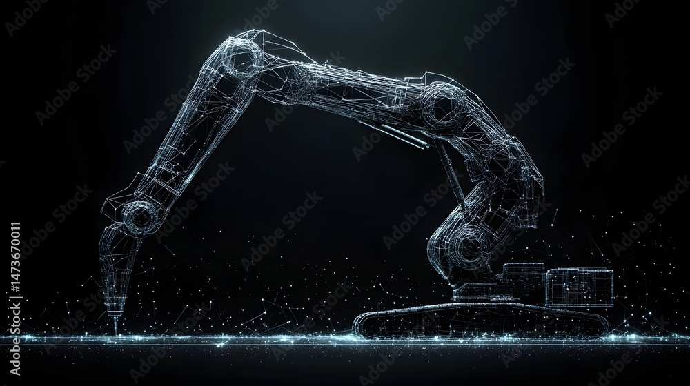 Poster futuristic excavator wireframe illustration. glowing lines define this modern construction vehicle. 