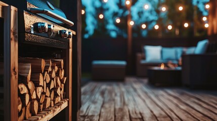 Evening outdoor grilling setup with firewood and cozy seating under string lights
