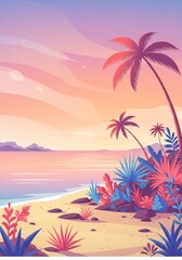 Obraz premium Pixel Art Tropical Sunset Beach Scene