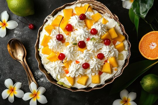 Tropical fruit dessert with whipped cream
