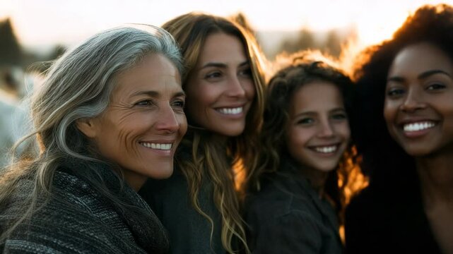 Portrait of a joyful multigenerational caucasian family&mdash;grandmother, mother, and daughter&mdash;wrapped in shawls, smiling warmly in soft golden sunlight with goats grazing in the background