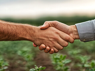 Farmers handshake with field background.