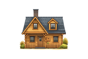 Cozy log cabin with slate roof, central chimney, and fenced garden, evoking warm rustic charm, isolated on a transparent background
