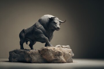 Powerful bull sculpture on a rocky outcrop.
