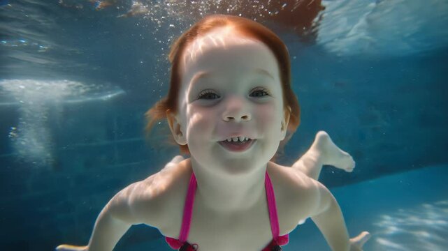 Cute young redhead caucasian girl making kissy face and blowing bubbles while submerged in clear blue pool water with her hair floating around