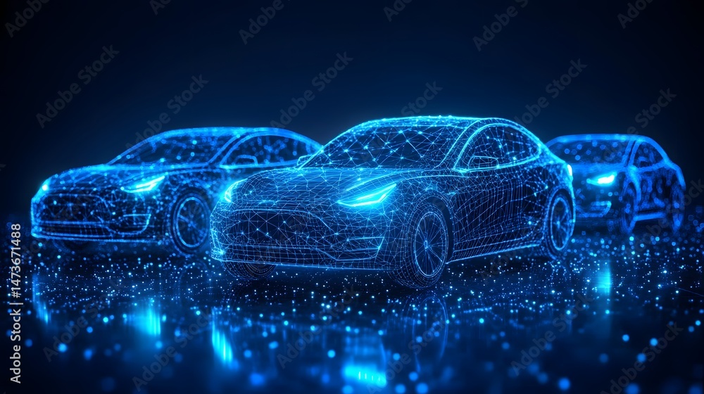 Poster Futuristic cars showcased as blue wireframe models on a reflective platform, highlighting advanced tech and automotive innovation. Blurred background adds depth. Abstract wireframe in dark blue.