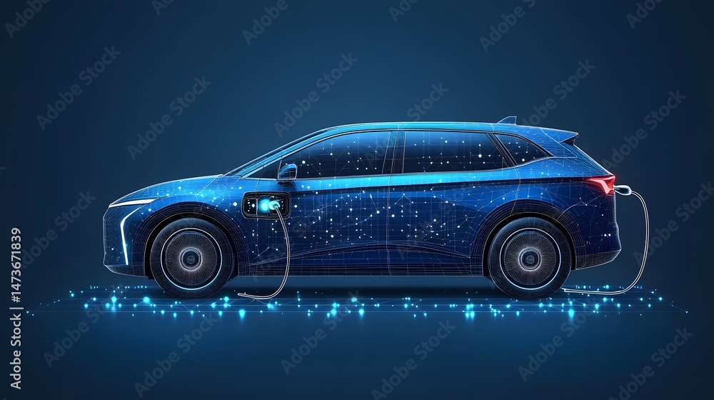 Aufkleber futuristic blue electric suv charging with a wireframe design highlighting its modern technology. du