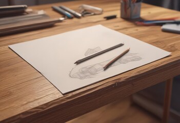 Pencil sketch detail on wooden desk, soft light, craft, sketch, art