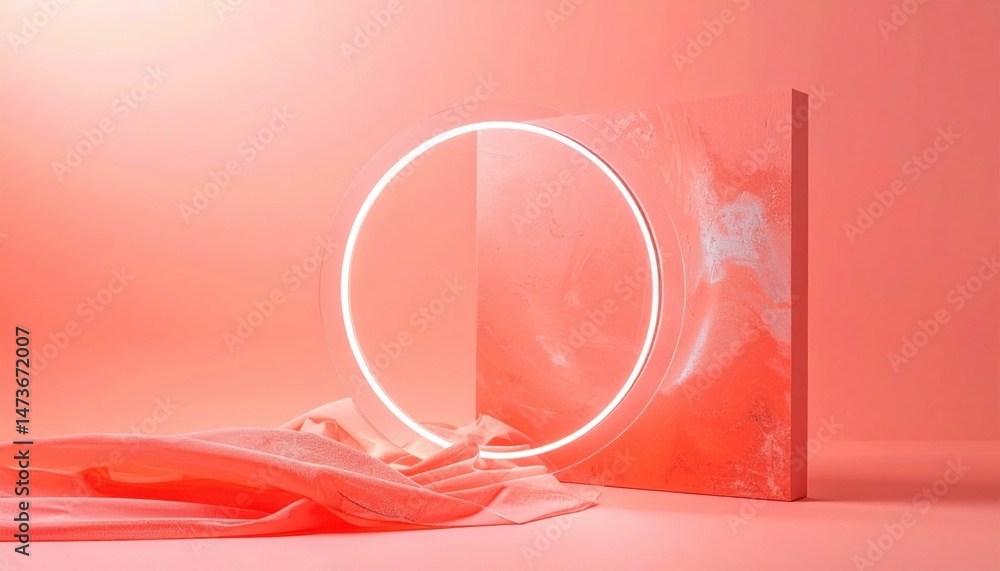 Poster creative design showcase featuring circular neon light against soft coral background studio setting 