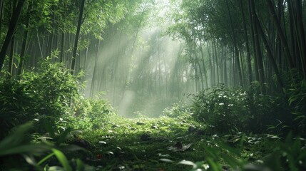 Obraz premium Sunbeams filtering through a dense bamboo forest