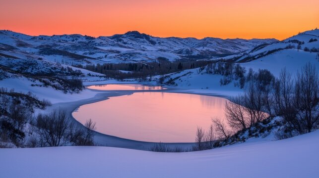 A serene winter landscape at sunset, featuring a frozen lake, snow-covered mountains, and a warm orange sky.