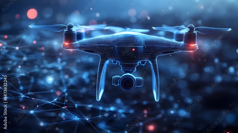 Poster futuristic drone concept featuring a wireframe quadcopter against a backdrop of glowing spheres and 