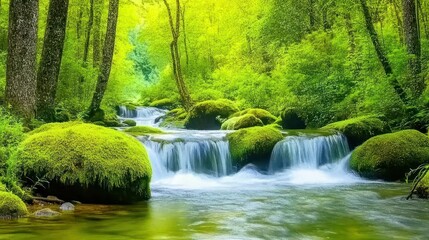Obraz premium Lush forest creek cascading over mossy rocks