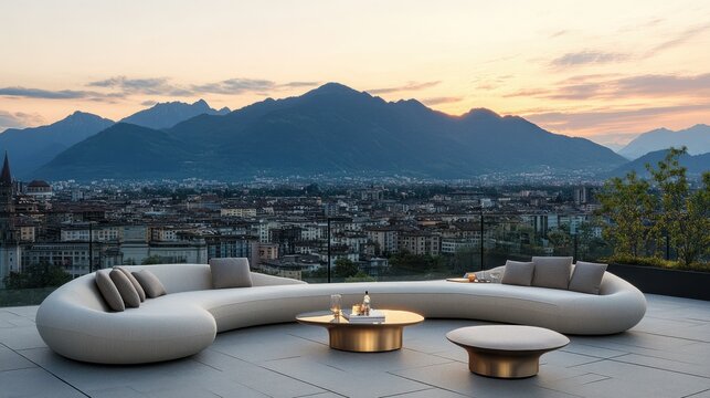 Modern outdoor seating set with panoramic city views