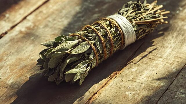 A single bundle of sage styled on a light wooden surface with soft shadows. background