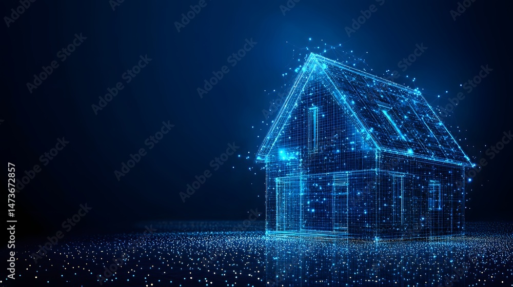Fototapete Futuristic house concept rendered with a blue grid and glowing dots. A technological and modern take on classic architecture. High-tech aesthetic. Abstract wireframe in dark blue.