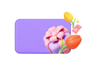 3D gift card empty blank template with tulips, ribbon and discount icon – spring mockup for sale, holiday or voucher design