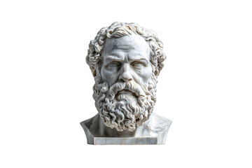 Obraz premium Front-facing marble bust with deep-set eyes, thick curly beard, solemn expression, and classical features, isolated on a transparent background