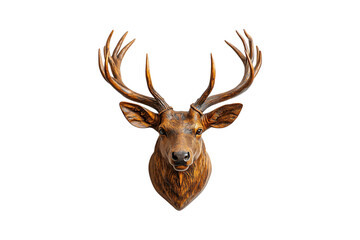 Handcrafted deer head mount with pronounced antlers and warm wood tones, embodying nature&rsquo;s majestic elegance, isolated on a transparent background