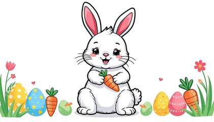 Adorable Easter bunny coloring page featuring a cheerful bunny with carrots Perfect for kids' crafts and holiday activities , spring, line art, activity