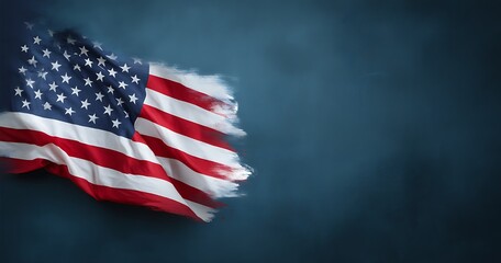 Obraz premium American Flag waving proudly against a dark blue background, symbolizing patriotism and national pride.