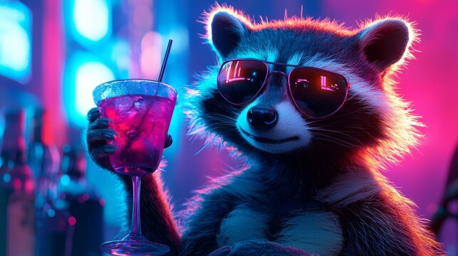 Raccoon wearing sunglasses enjoys a colorful drink at a vibrant nighttime bar scene