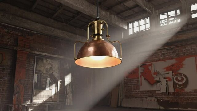 Industrial hanging lamp swinging gently in a loft-style interior with exposed brick wall, side light rays and slow panurban decor, vintage factory vibe, modern loft 