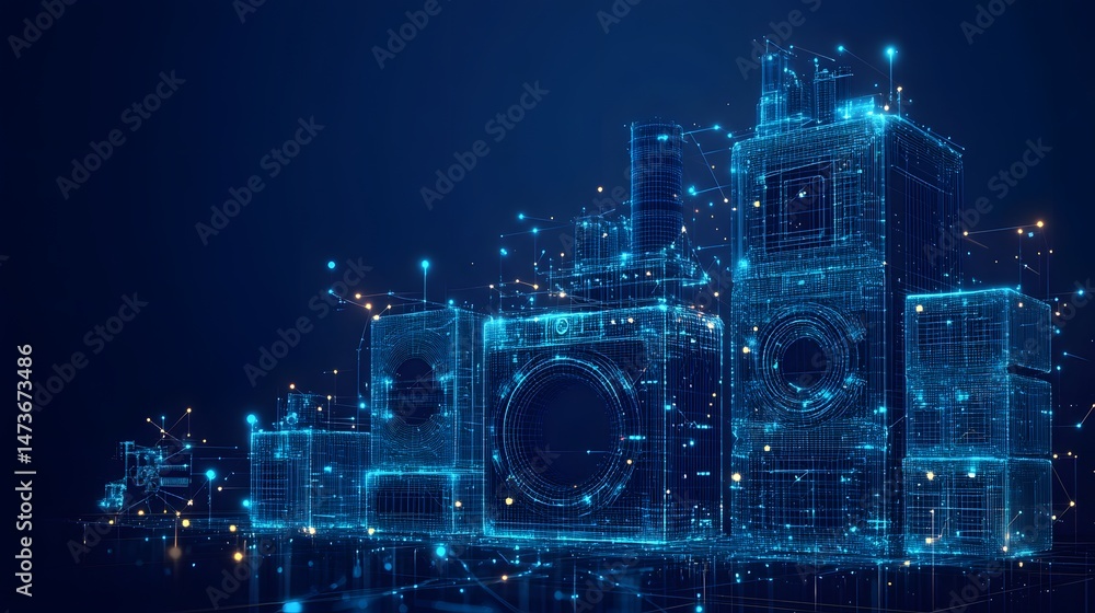 Aufkleber Futuristic blue wireframe appliances, interconnected in a smart home network. Data flows between devices, highlighting the Internet of Things. Abstract wireframe in dark blue