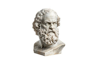 Obraz premium Marble bust of a bearded philosopher, intricately carved hair and furrowed brow, facing left side, isolated on a transparent background