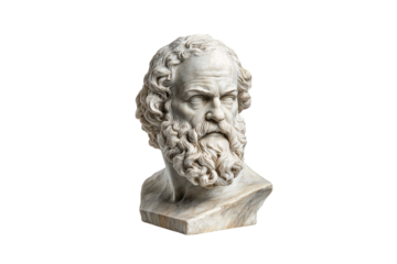 Marble bust of a bearded philosopher, intricately carved hair and furrowed brow, facing left side, isolated on a transparent background