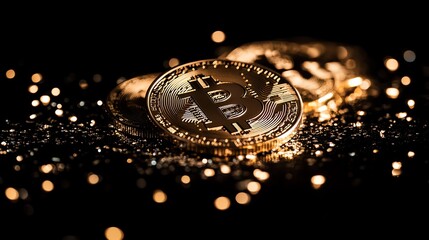 Gold bitcoin coins on a dark background.