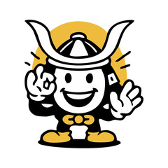 Smiling Chibi Cartoon Samurai Character Vector with Japanese Armor and Happy Emoji Face for Asian Culture Mascot Logo and Illustration in Fun Creative Style for Warrior Icon Design