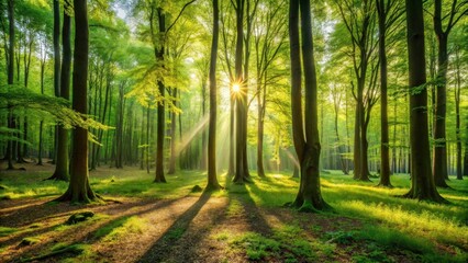 Obraz premium Softly lit green forest on a spring morning with sunlight filtering through the treetops, casting dappled shadows on the forest floor, serene atmosphere, woodland