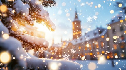 Snow-Covered Landmark in Tallinn with Falling Snowflakes Captured in High Fidelity