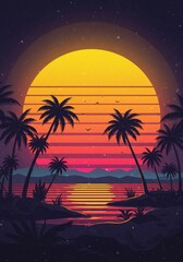 Retro Pixel Art Tropical Sunset Landscape
