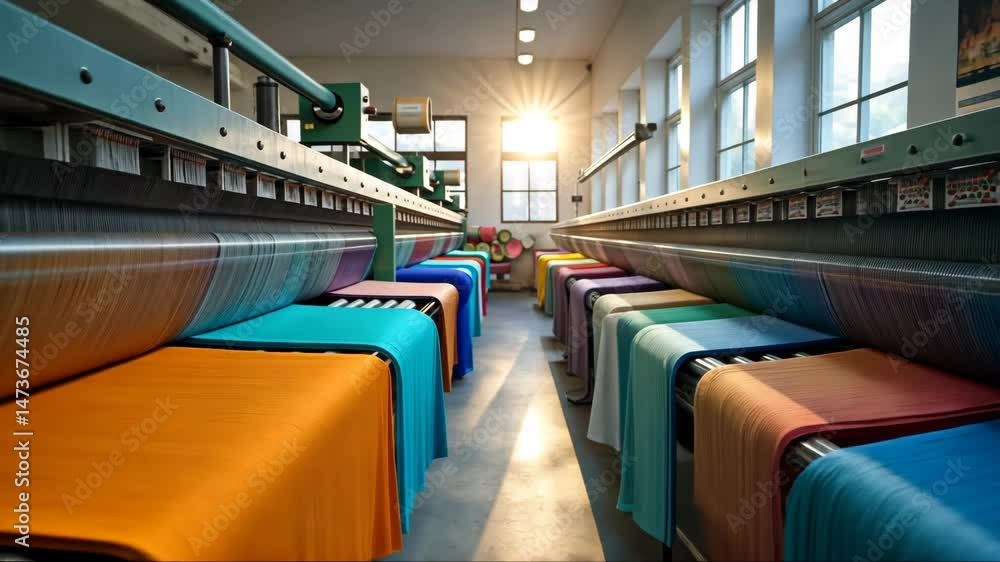 Poster a textile factory, rows of automated looms weaving colorful fabrics, with threads moving rhythmicall