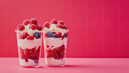 Two parfait glasses filled with layers of frozen raspberries, blueberries, and whipped cream