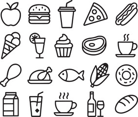 Food and Drink Outline Icon Set 20 Minimal Line Style Vector Icons.