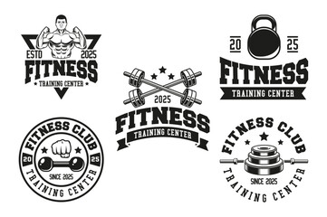 Monochrome fitness logo vector emblems collection. Gym and fitness icon elements Illustration. Design elements for gym and fitness logo vector emblem, badge, label in vintage style