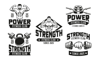 Monochrome fitness logo vector emblems collection. Gym and fitness icon elements Illustration. Design elements for gym and fitness logo vector emblem, badge, label in vintage style