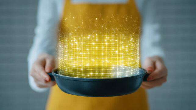Cooking tutor AI holding pan with glowing, magical effect, showcasing culinary creativity and innovation