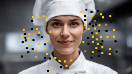 Smiling chef wearing white uniform and hat, surrounded by colorful digital squares, represents innovation in culinary arts
