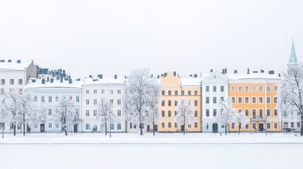 Serene Winter Landscape in Helsinki with Snowy Buildings and Frozen Lake View