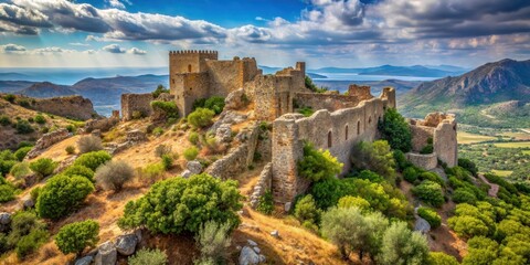 Obraz premium Ancient fortress with crumbling stone walls and overgrown vegetation in a Mediterranean landscape