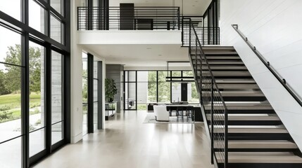 Fototapeta premium Modern open-concept interior with expansive windows, a sleek staircase, and neutral color palette
